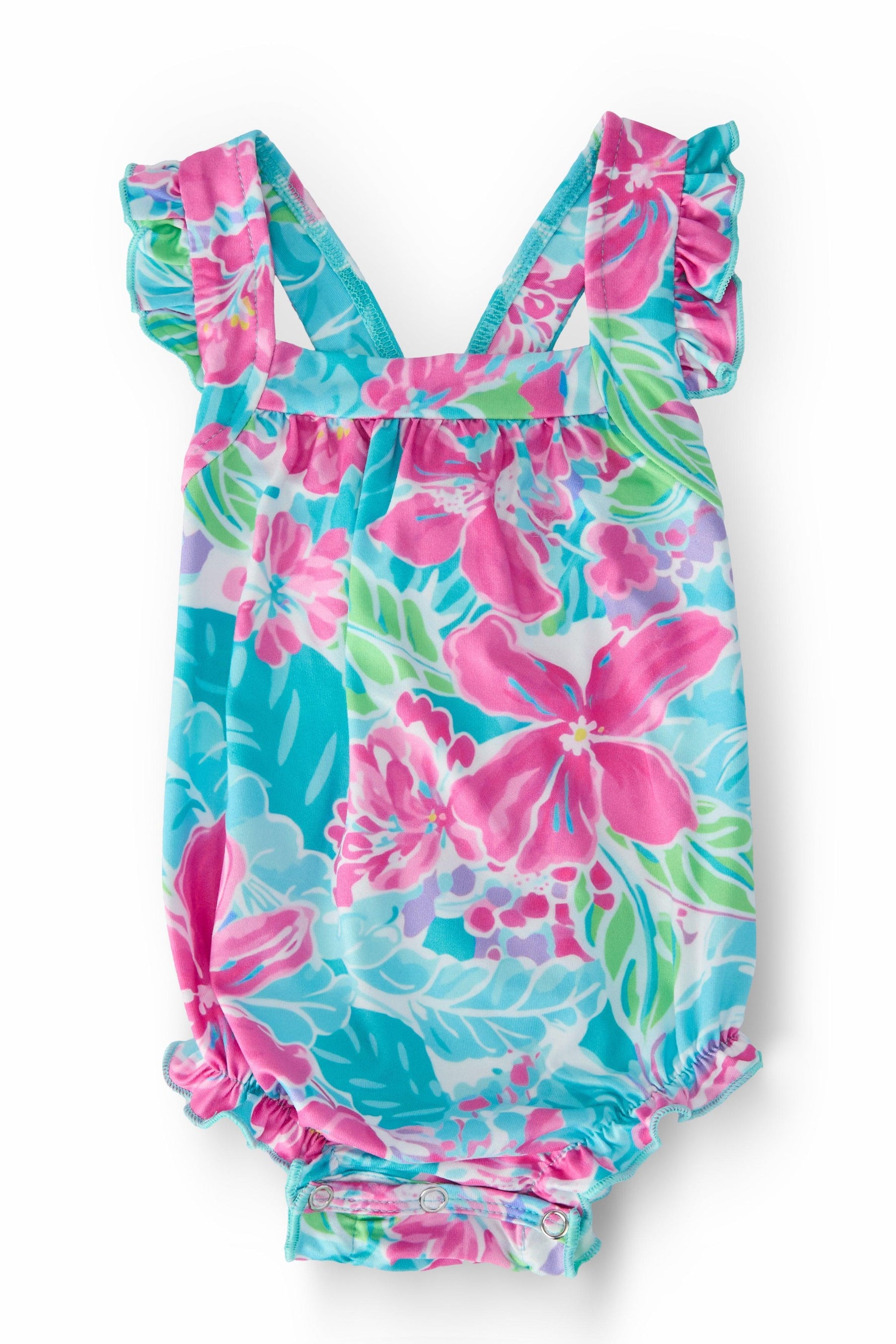 Tropical Punch Ruffle Cross Back Romper Diaper Changes Mila & Rose ® Everetts Place: Online Boutique