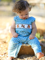 Sleeveless mint plaid baby boy JonJon romper with horse and cowboy boot embroidery on the chest and button shoulders.