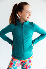 Turbo Teal Full Zip Ruffle Active Jacket For Girls - Everetts Place Boutique - Active Jacket