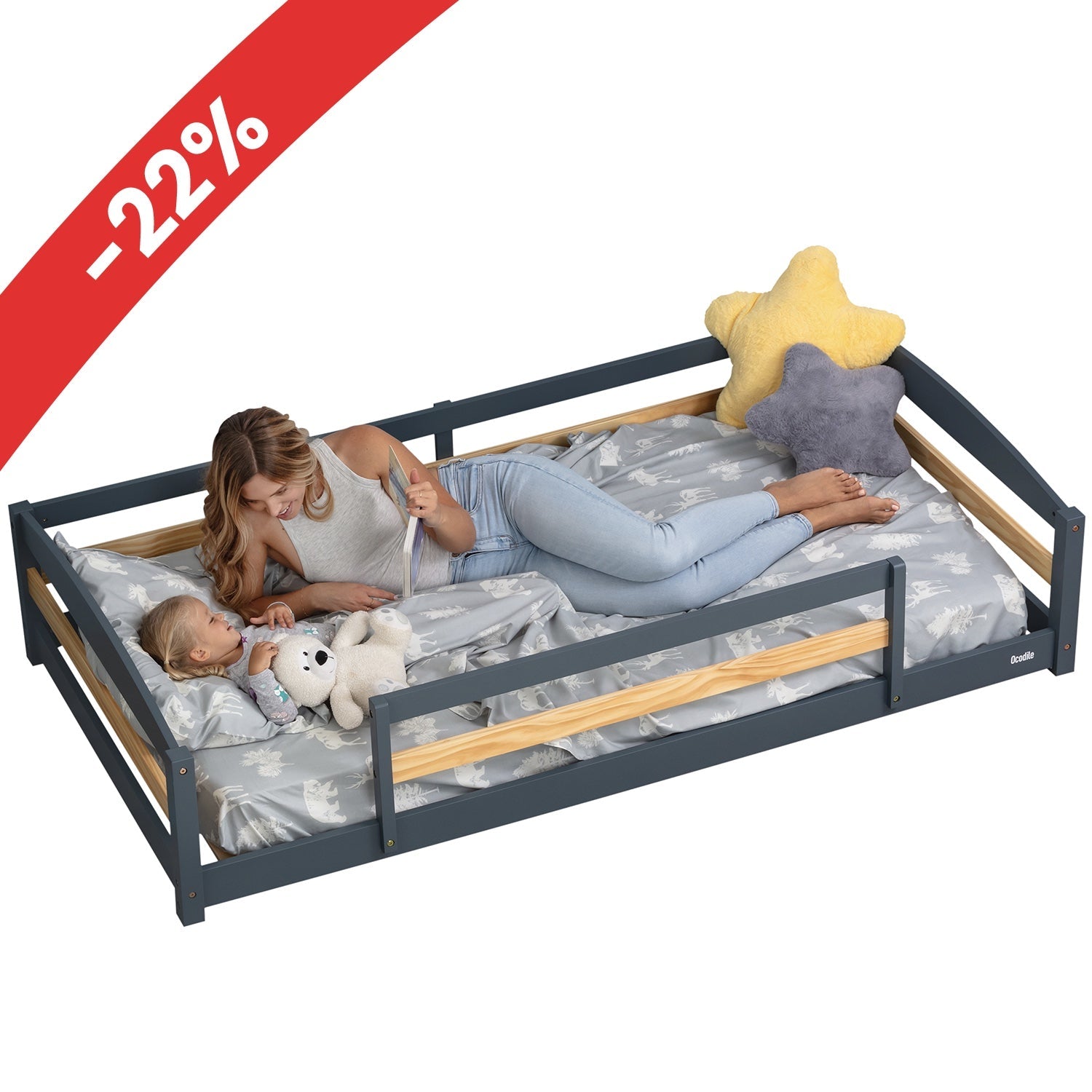 Twin Floor Bed with Safety Guardrails for Kids - Montessori Inspired