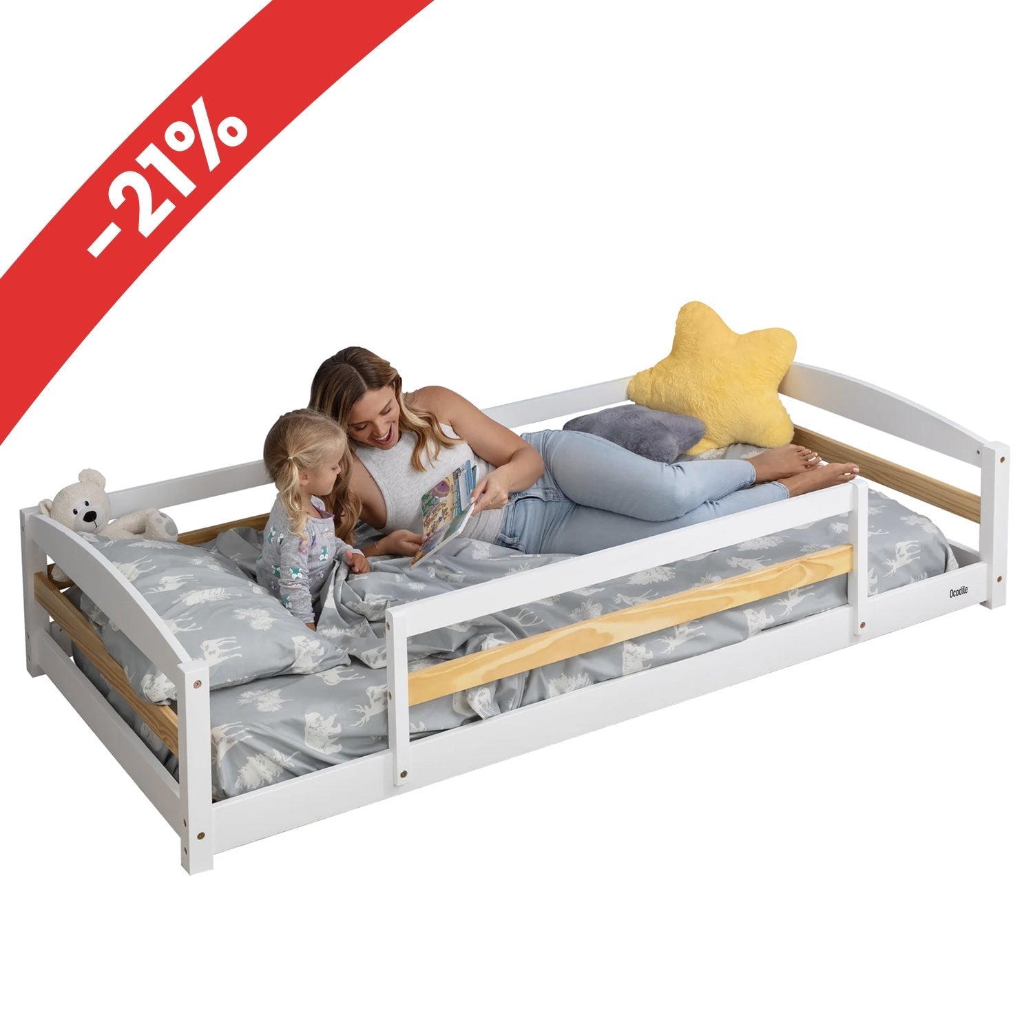 Twin Floor Bed with Safety Guardrails for Kids - Montessori Inspired