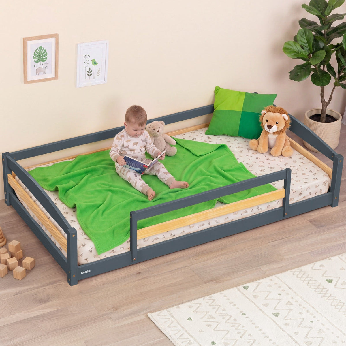 Twin Size Montessori-Inspired Floor Bed with Safety Guardrails for Kids by Ocodile.com