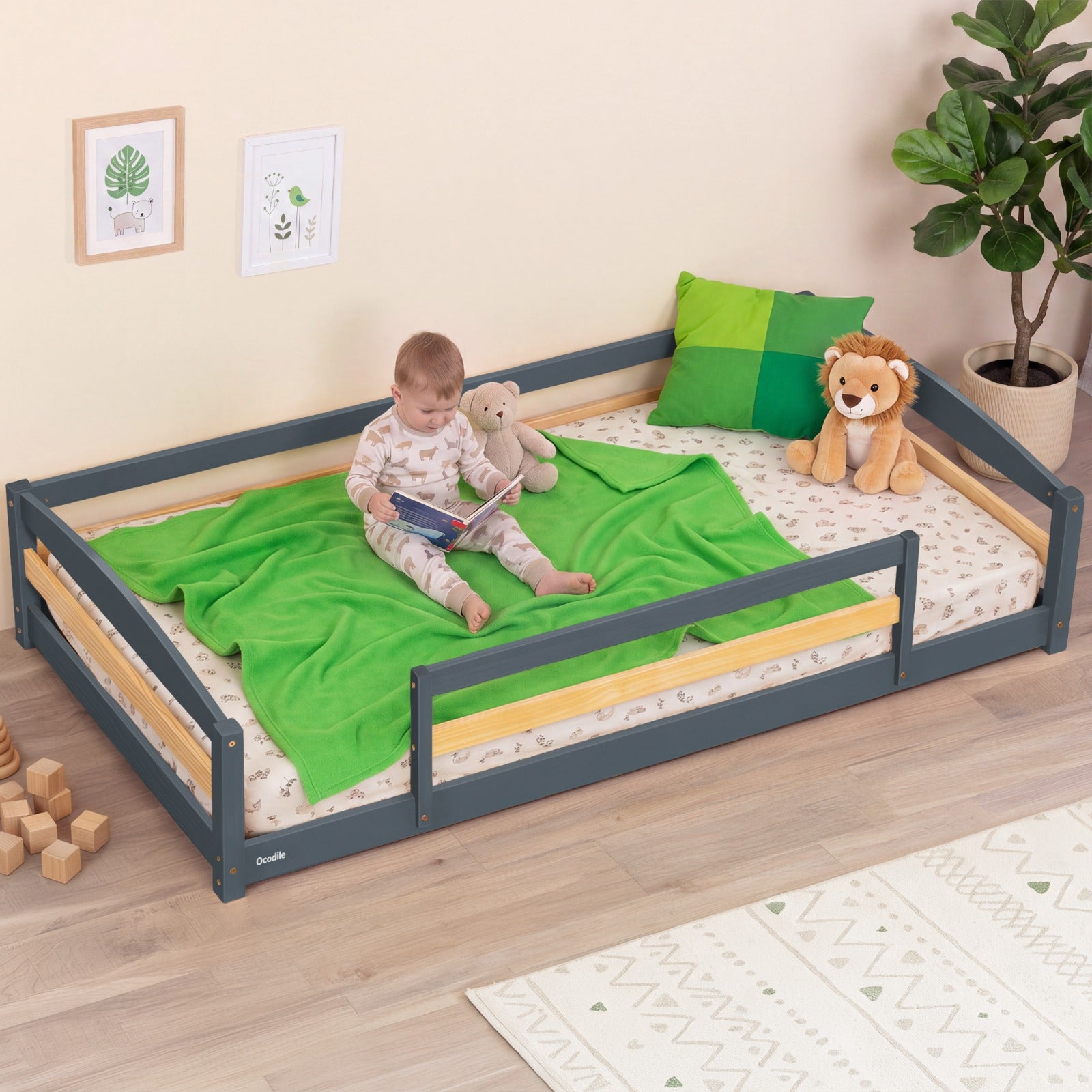 Twin Size Montessori-Inspired Floor Bed with Safety Guardrails for Kids by Ocodile.com