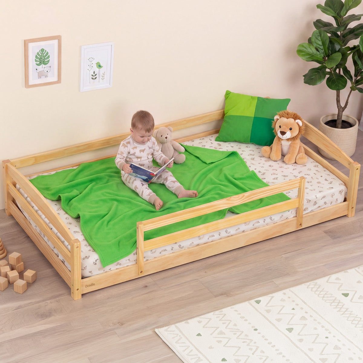 Twin Size Montessori-Inspired Floor Bed with Safety Guardrails for Kids by Ocodile.com