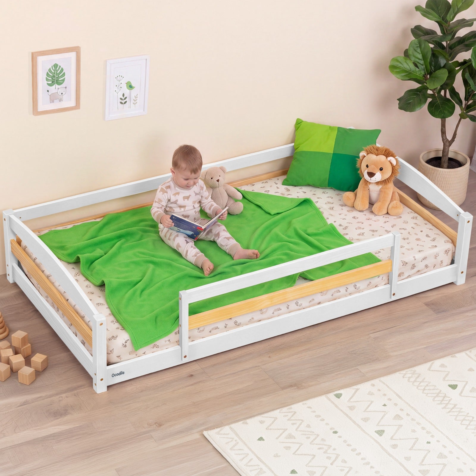 Twin Size Montessori-Inspired Floor Bed with Safety Guardrails for Kids by Ocodile.com