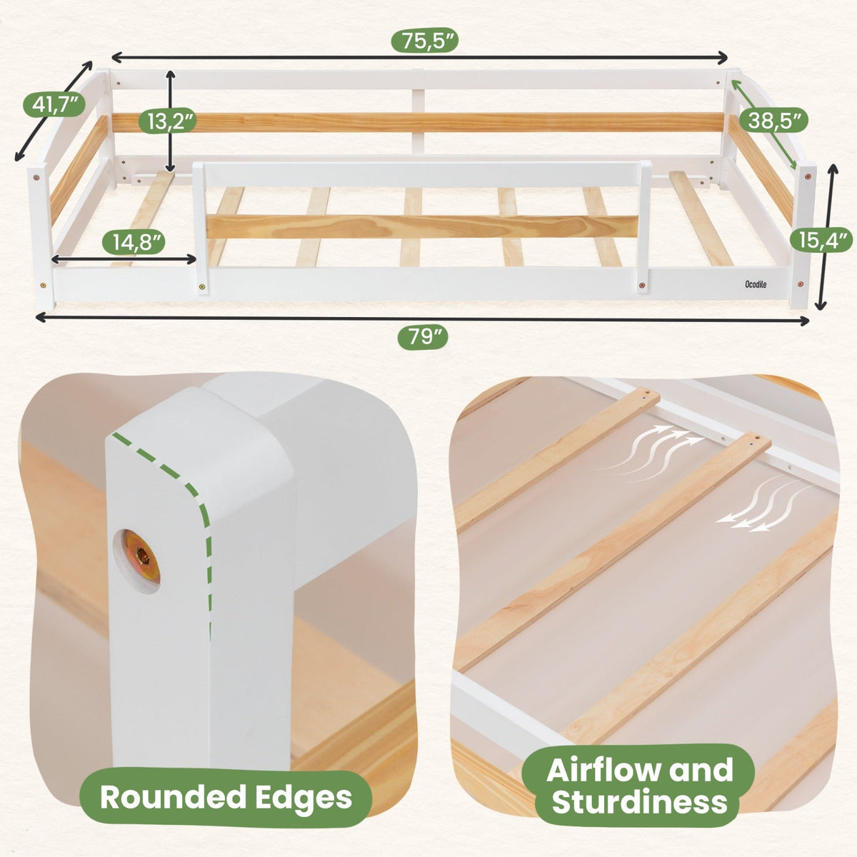 Twin Size Montessori-Inspired Floor Bed with Safety Guardrails for Kids by Ocodile.com