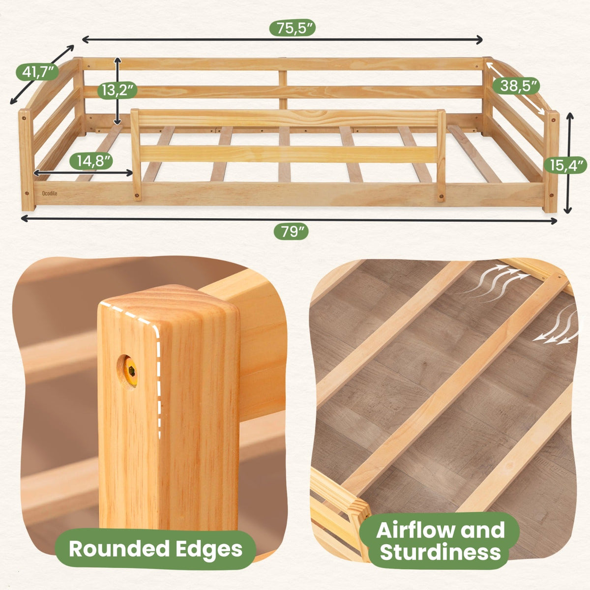 Twin Size Montessori-Inspired Floor Bed with Safety Guardrails for Kids by Ocodile.com