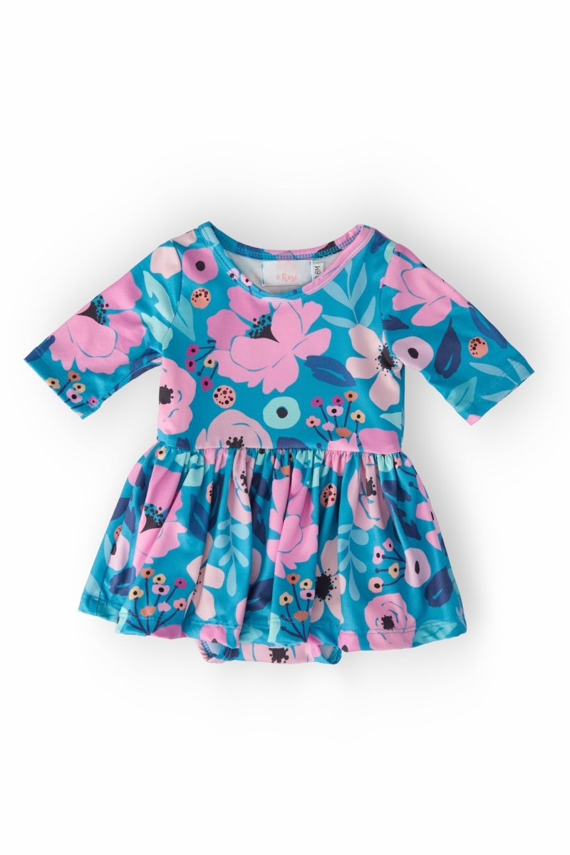 Twirling In Teal Three Quarter Sleeve Bodysuit For Babies - Everetts Place Boutique - 