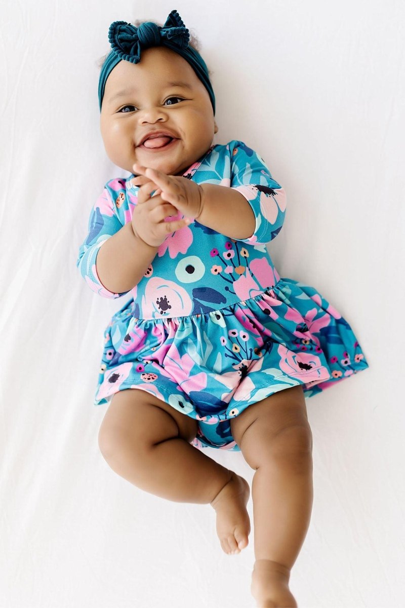 Twirling In Teal Three Quarter Sleeve Bodysuit For Babies - Everetts Place Boutique - 