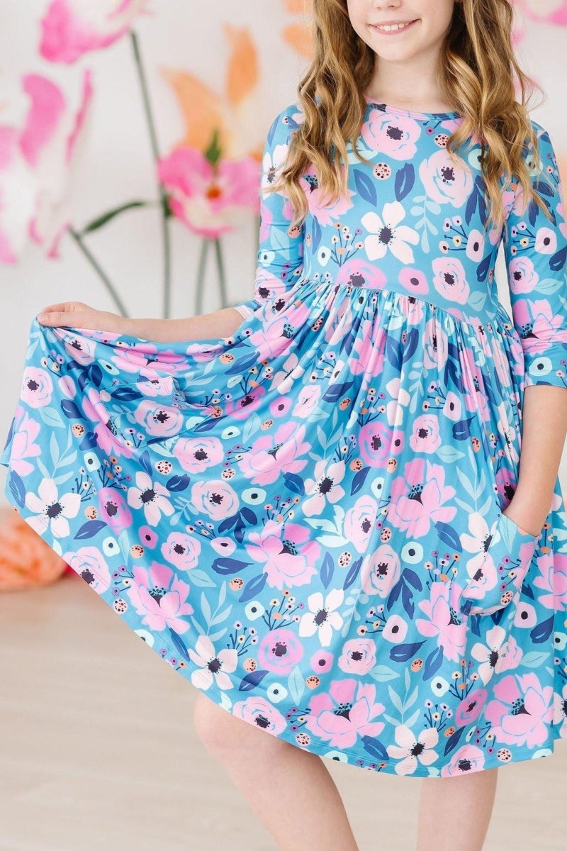 Twirling Teal Pocket Twirl Dress Three Quarter Sleeve - Everetts Place Boutique - Twirl Pocket Dress 3/4