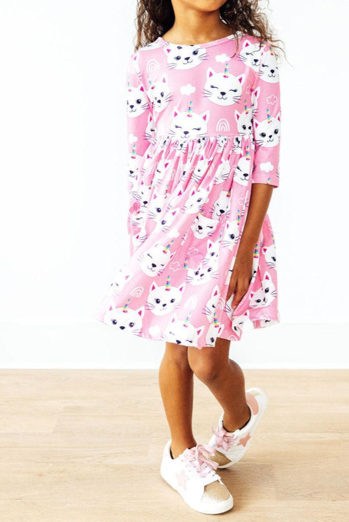 Unicorn Kitties 3/4 Sleeve Pocket Twirl Dress by Mila & Rose ® at Everetts Place