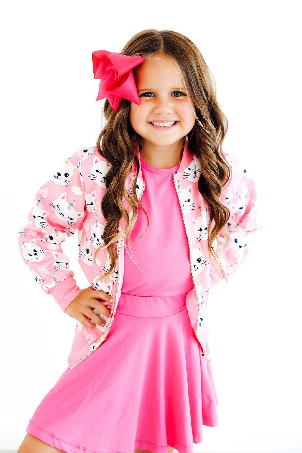 Mila & Rose Unicorn Kitties satin jacket. Whimsical, colorful kids' design.