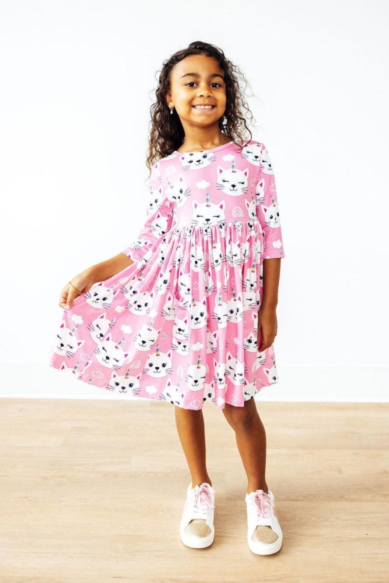 Unicorn Kitties Twirl Dress Three Quarter Sleeve Pocket - Everetts Place Boutique - Twirl Pocket Dress 3/4