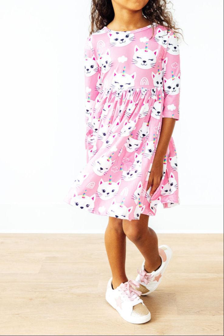 Unicorn Kitties Twirl Dress Three Quarter Sleeve Pocket - Everetts Place Boutique - Twirl Pocket Dress 3/4