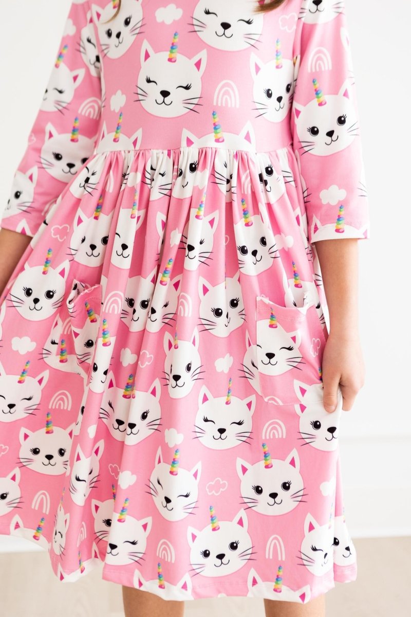 Unicorn Kitties Twirl Dress Three Quarter Sleeve Pocket - Everetts Place Boutique - Twirl Pocket Dress 3/4