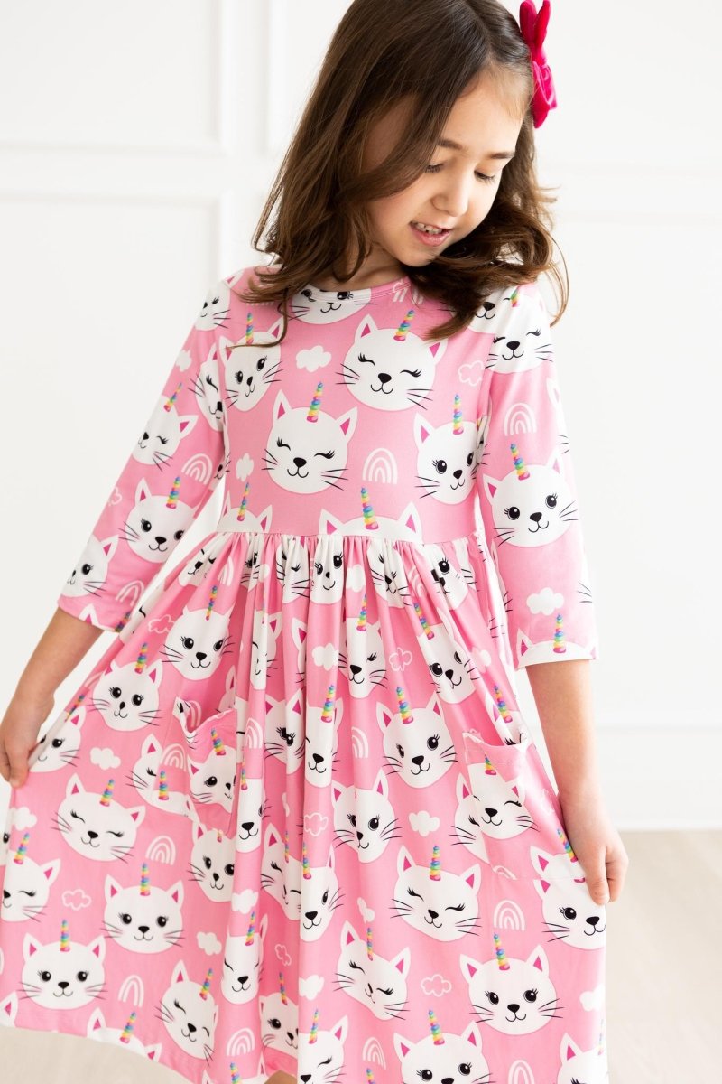 Unicorn Kitties Twirl Dress Three Quarter Sleeve Pocket - Everetts Place Boutique - Twirl Pocket Dress 3/4