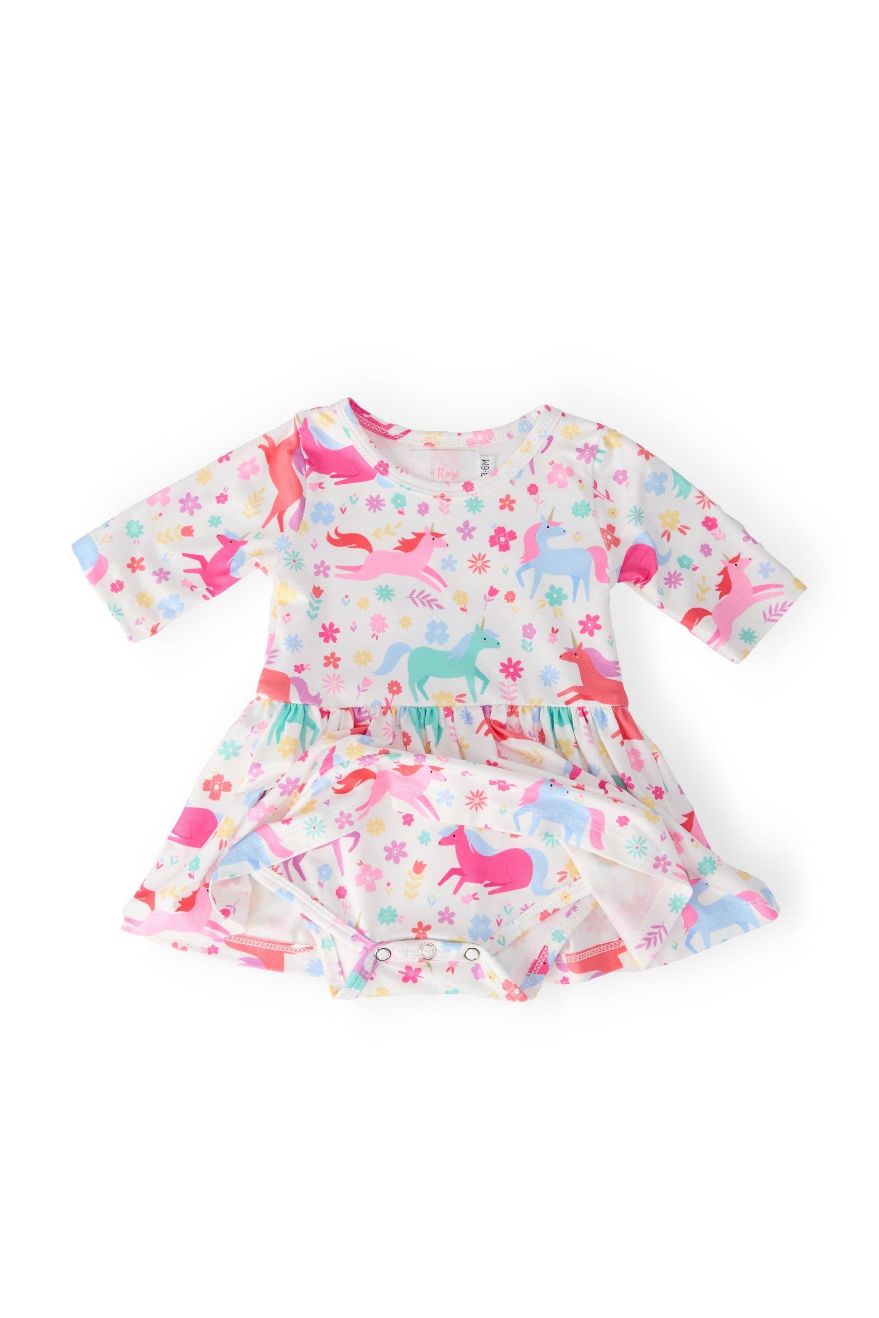 Unicorn Wish Three Quarter Sleeve Twirl Baby Bodysuit Mila & Rose ® Everetts Place: Online Boutique