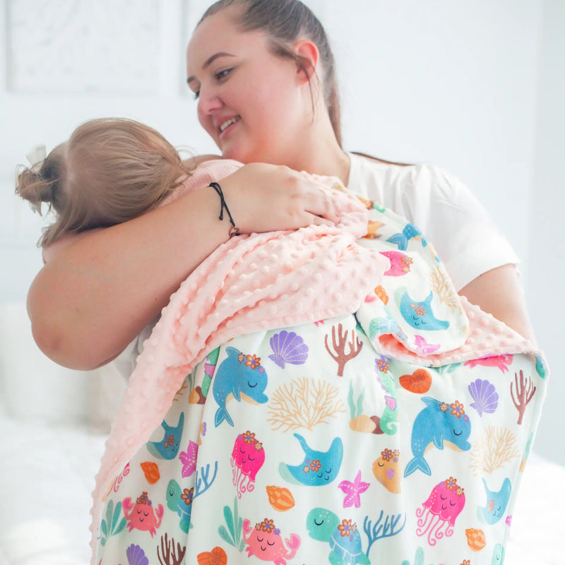 Baby & Toddler Minky Blanket with undersea adventure print, featuring premium quality minky fabric for sensory stimulation and comfort.
