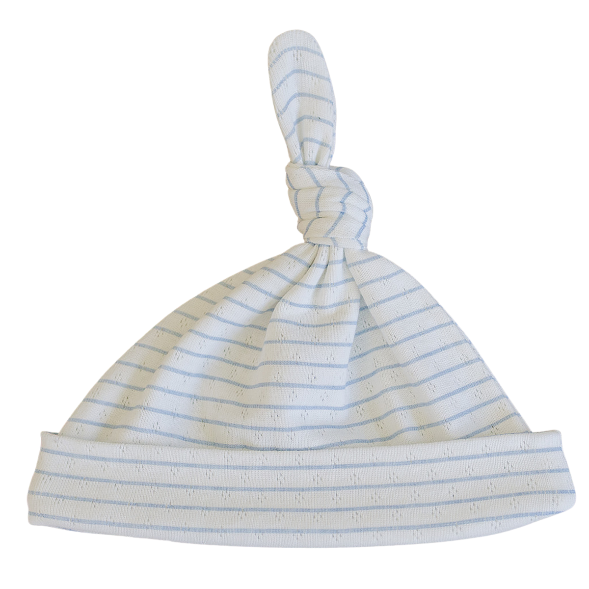 Newborn knot hat in blue and white striped pointelle fabric with a tied top knot