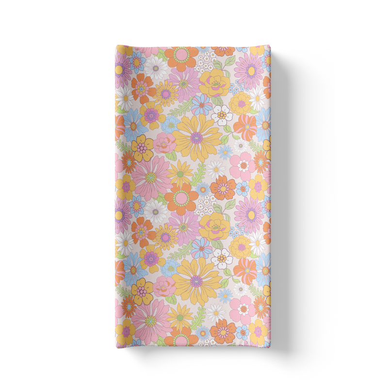 Retro floral changing pad cover, soft and stretchy fabric, 32x16 inches.