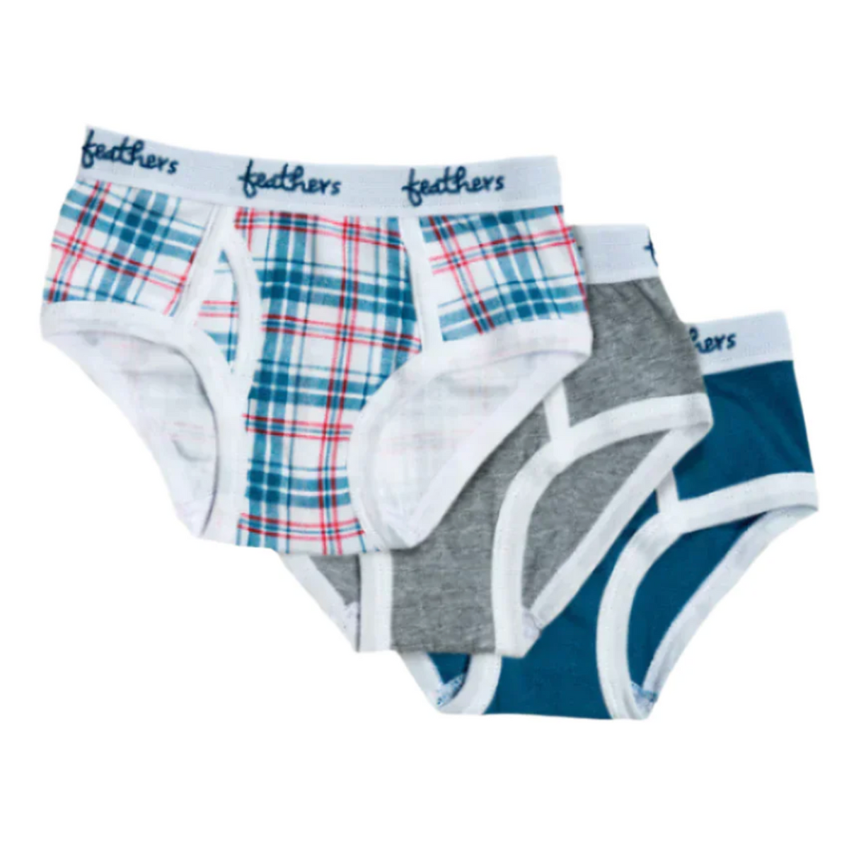 Three-pack of boys' tagless briefs in multi-plaid patterns with elastic waistbands