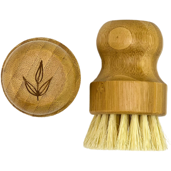 Bamboo pot brush with natural sisal bristles and curved handle.