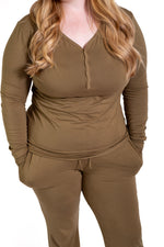 Women's Solid Long Sleeve Button Pajamas:2 Piece Bamboo Olive by Rayn’s Tiny Stitches