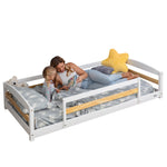 Twin-size Montessori floor bed with slatted base, low frame, full guardrails, and rounded corner posts
