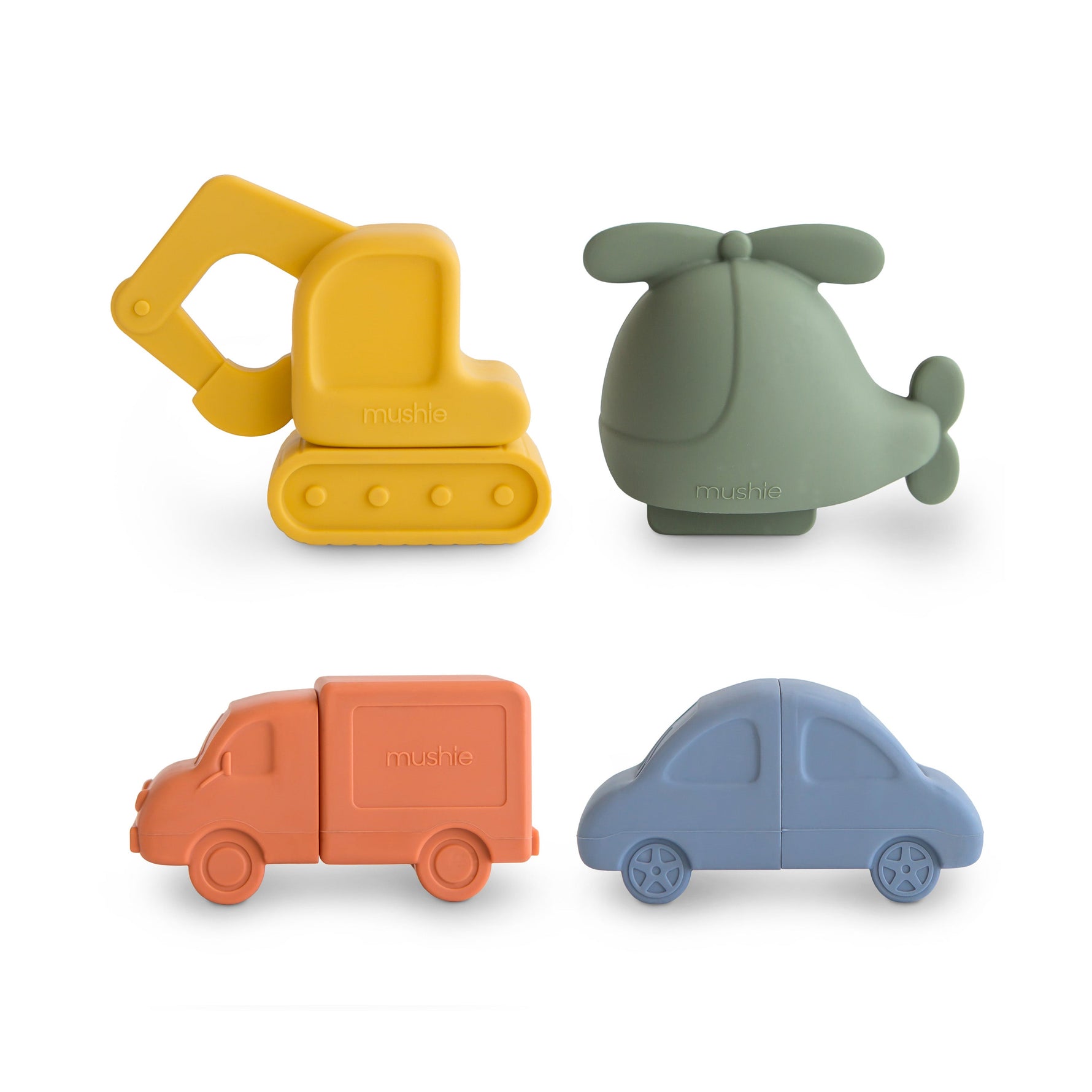 Mushie mold-free silicone bath toys set in soft, neutral colors, perfect for safe baby play.