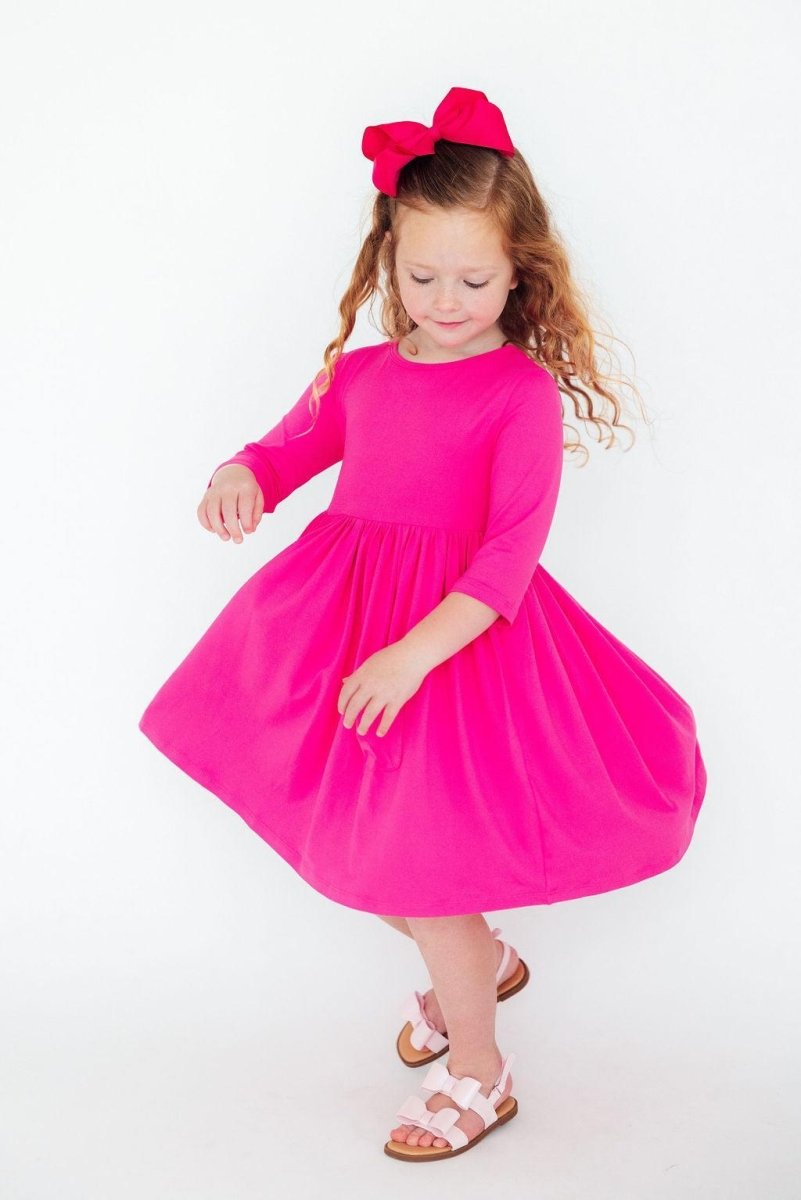 Vibrant Hot Pink Three Quarter Sleeve Pocket Twirl Dress - Everetts Place Boutique - Twirl Pocket Dress 3/4