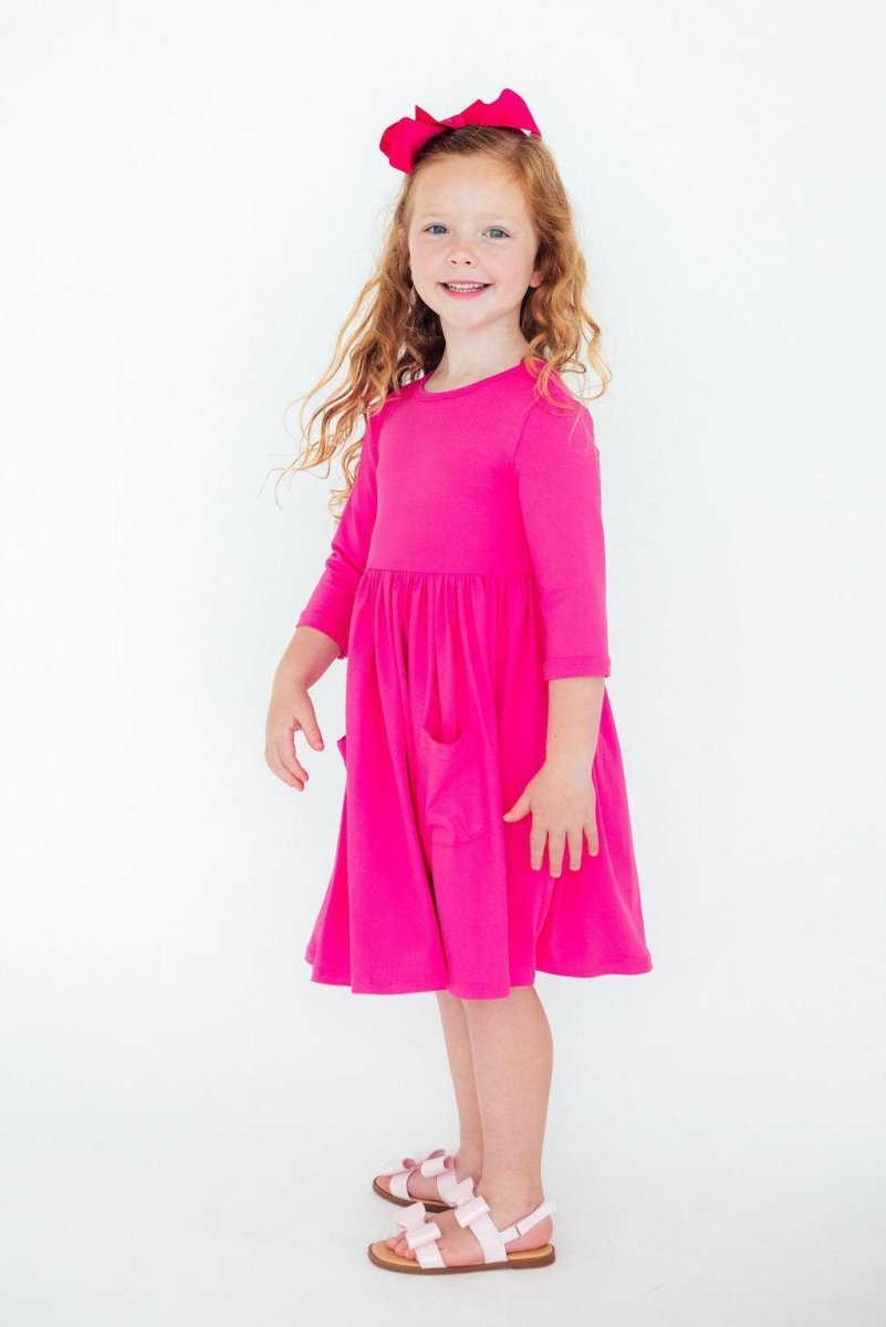 Vibrant Hot Pink Three Quarter Sleeve Pocket Twirl Dress - Everetts Place Boutique - Twirl Pocket Dress 3/4