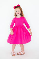 Vibrant Hot Pink Three Quarter Sleeve Pocket Twirl Dress - Everetts Place Boutique - Twirl Pocket Dress 3/4