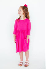 Vibrant Hot Pink Three Quarter Sleeve Pocket Twirl Dress - Everetts Place Boutique - Twirl Pocket Dress 3/4