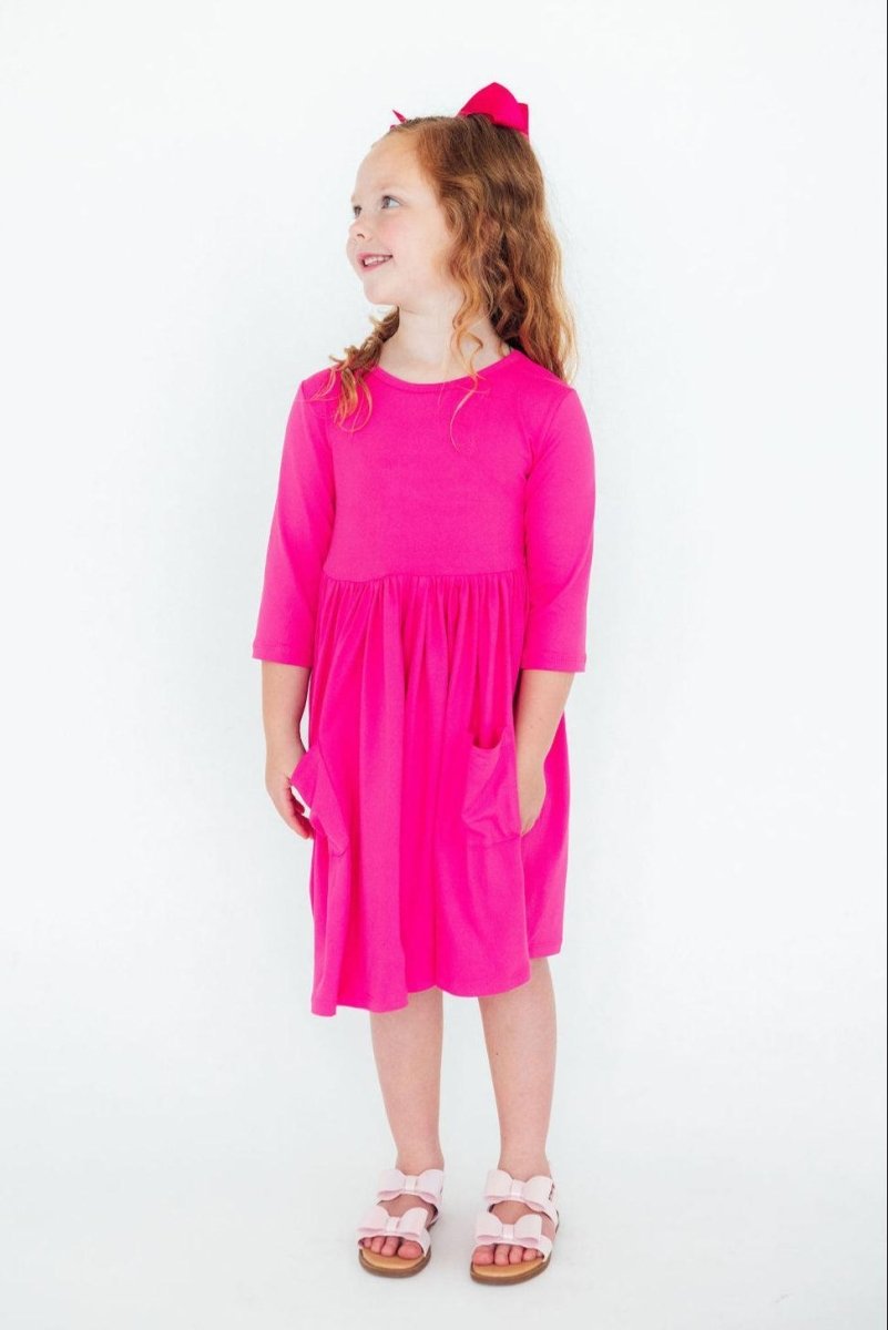 Vibrant Hot Pink Three Quarter Sleeve Pocket Twirl Dress - Everetts Place Boutique - Twirl Pocket Dress 3/4
