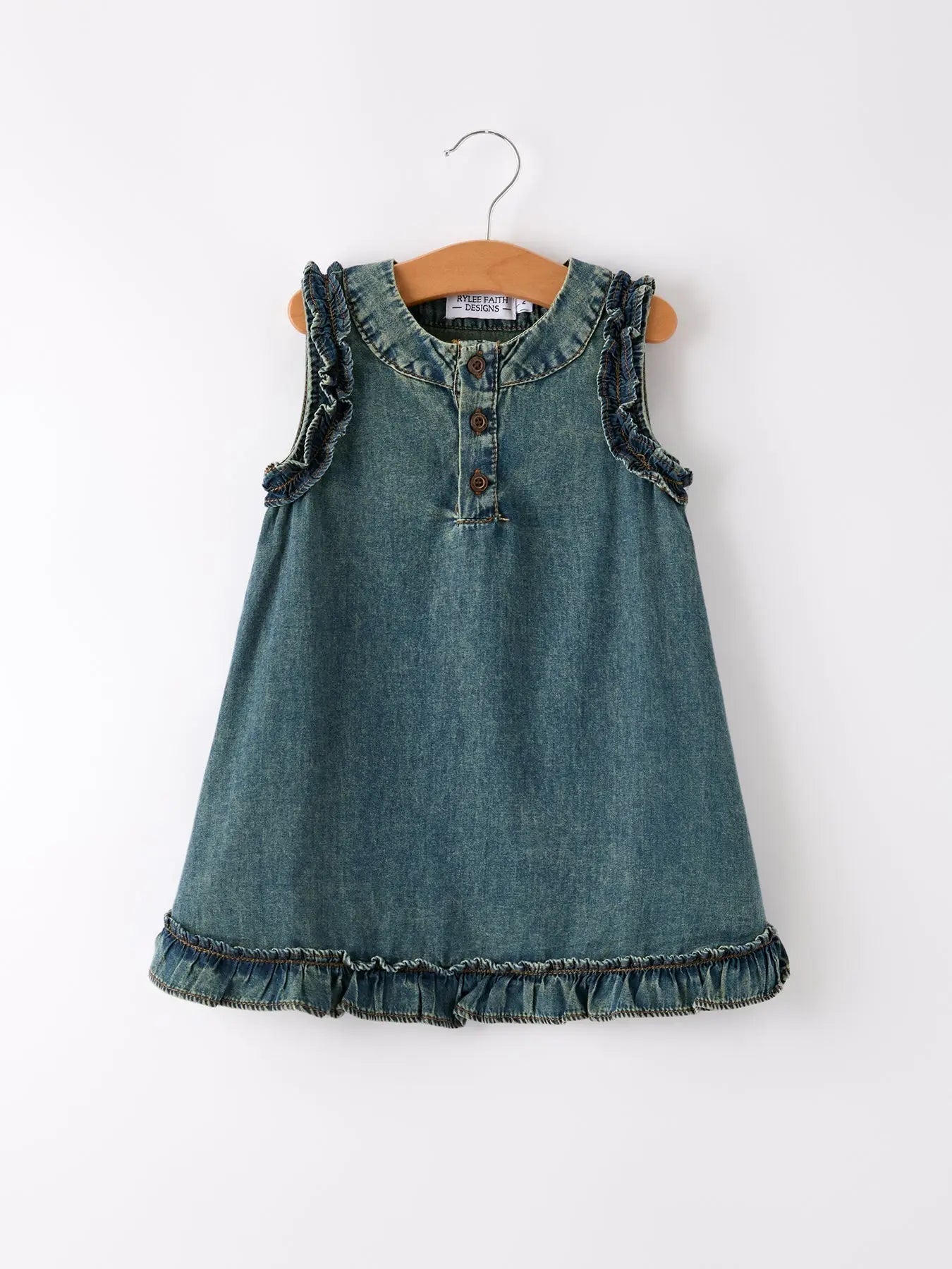 Rylee Faith Designs Vintage Denim Ruffle Girls Dress - 