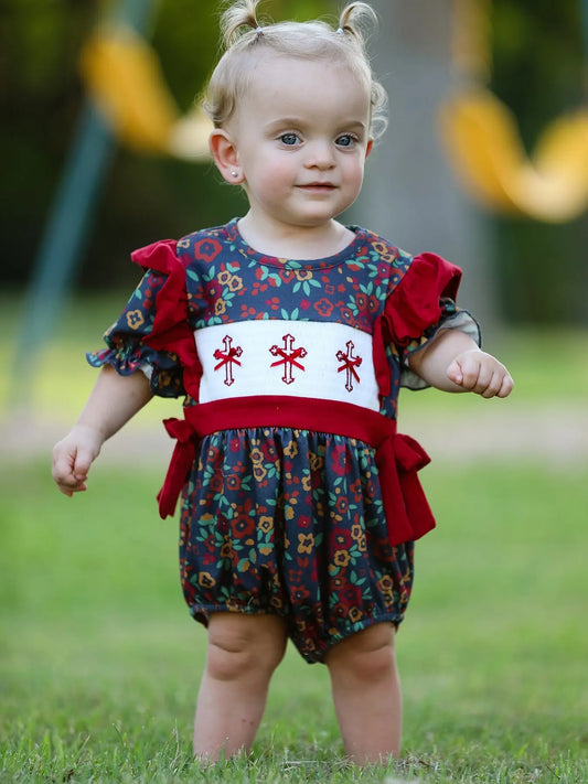 Vintage Floral Smocked Church Bishop Christening Baby Girl Romper Rylee Faith Designs