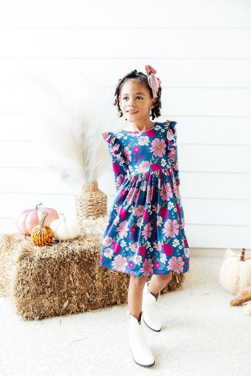 Vintage Garden Three Quarter Sleeve Ruffle Twirl Dress - Everetts Place Boutique - Twirl Ruffle Dress 3/4