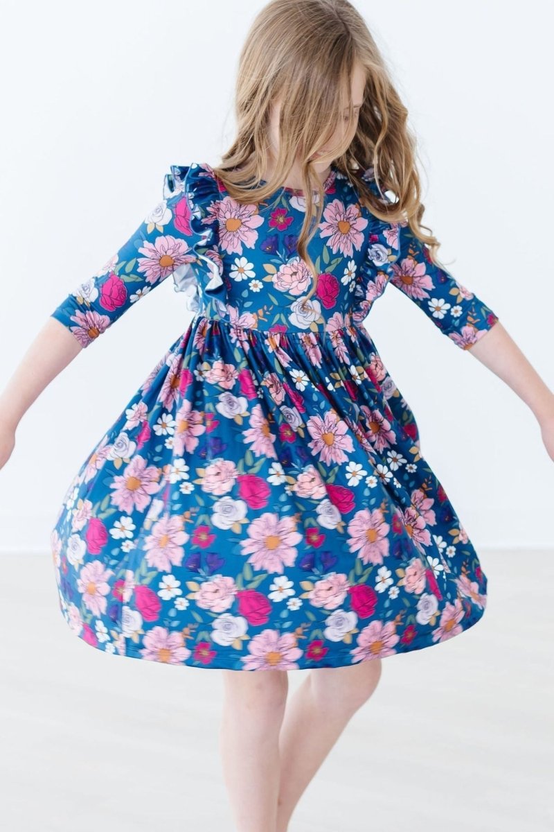 Vintage Garden Three Quarter Sleeve Ruffle Twirl Dress - Everetts Place Boutique - Twirl Ruffle Dress 3/4