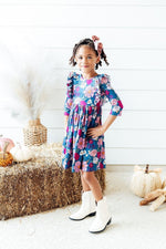 Vintage Garden Three Quarter Sleeve Ruffle Twirl Dress - Everetts Place Boutique - Twirl Ruffle Dress 3/4