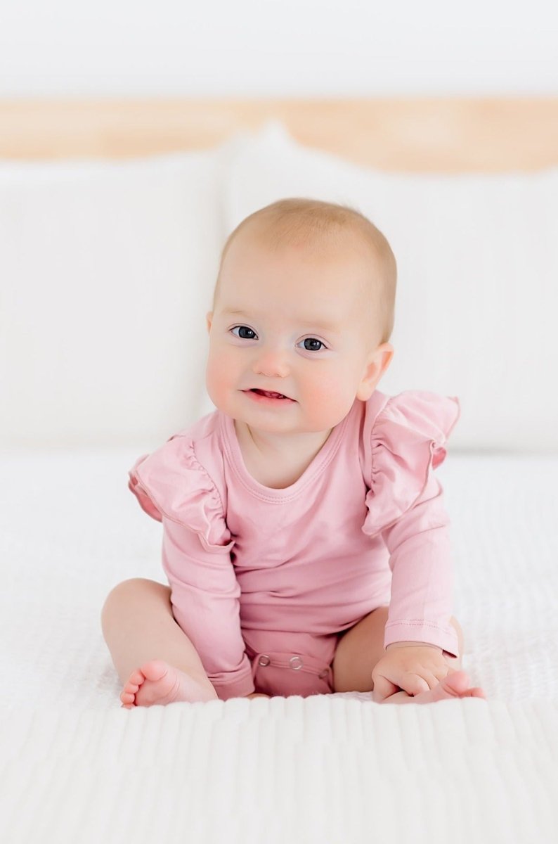 Vintage Pink Long Sleeve Flutter Bodysuit for Baby Mila - Everetts Place Boutique - Flutter Bodysuit L/S