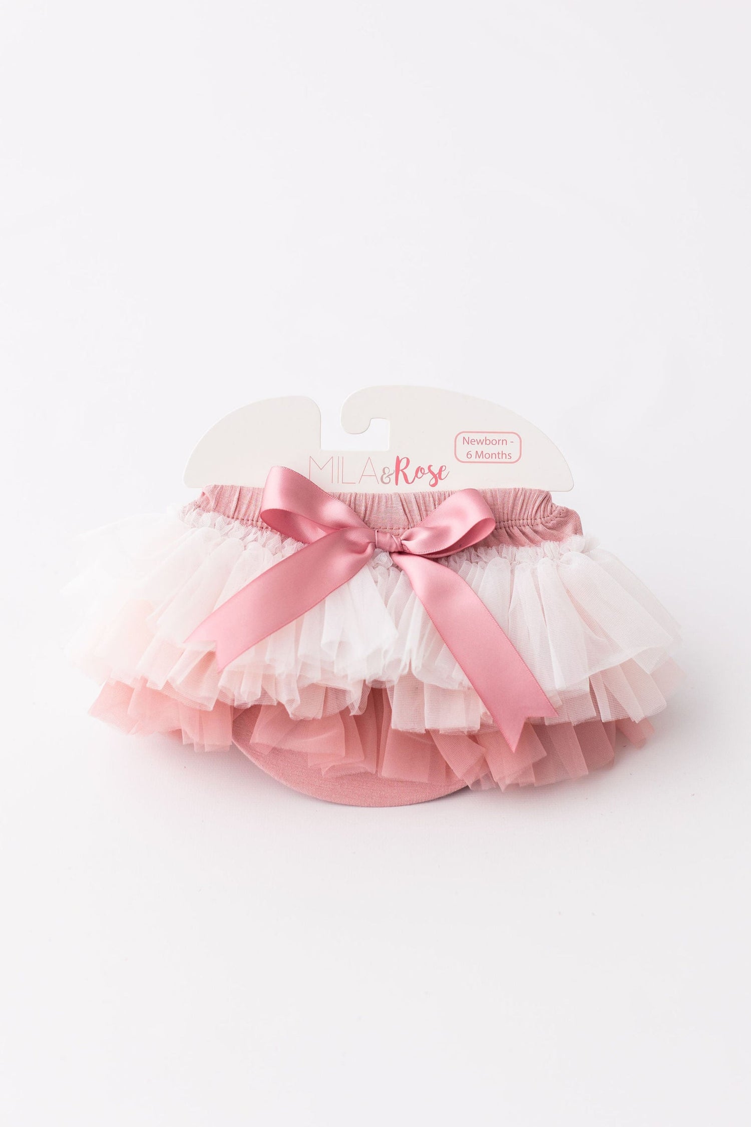 Ruffled tutu bloomer in vintage pink ombre fading from pale to deep rose, ruffles wrapping front and back.