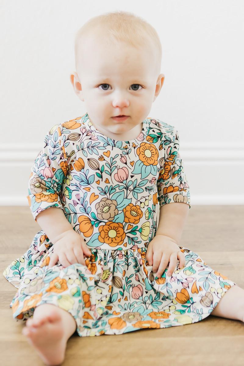 Vintage Vibes Three Quarter Sleeve Twirl Baby Bodysuit - Everetts Place Boutique - Twirl Bodysuit - 3/4 Sleeve