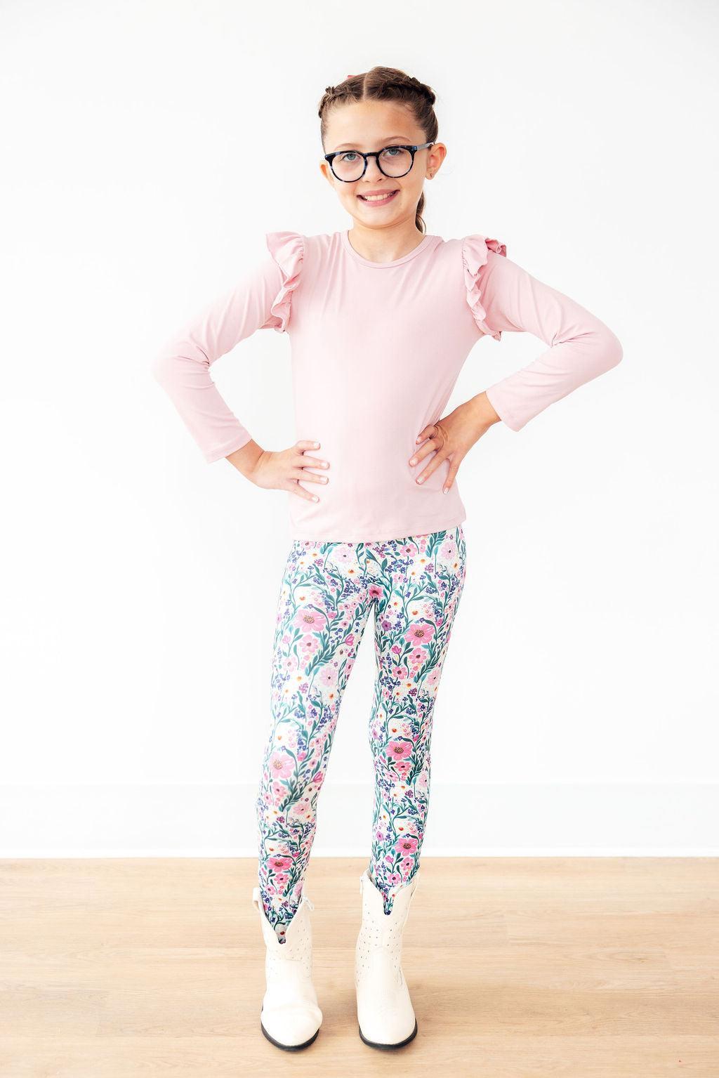 Mila & Rose Vivid Garden organic baby leggings, vibrant floral print.