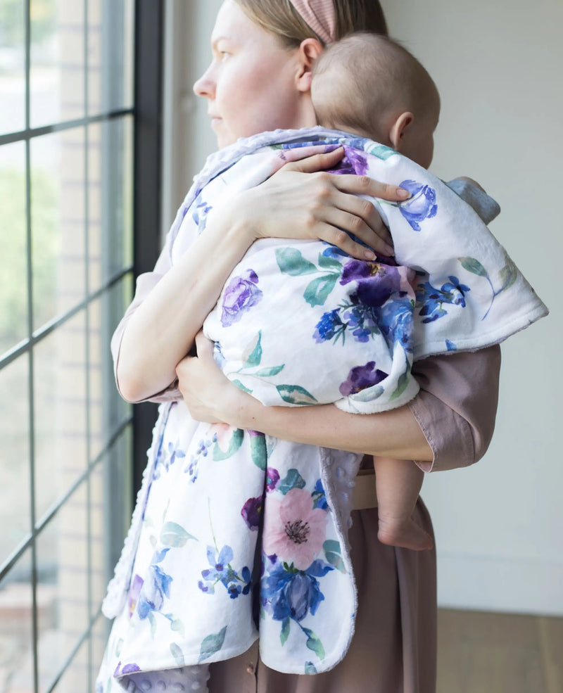 Premium baby and toddler floral blanket in purple and blush, soft and lightweight for delicate skin.