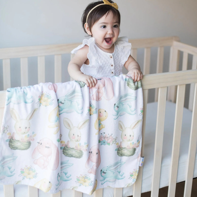 Baby & Toddler Minky Blanket with Bunny Design in Crib