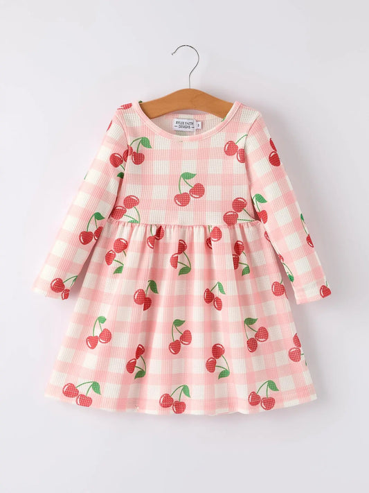 Waffle Cherry Girls Long Sleeve Dress Cozy Comfort Stylish Playful Pattern Rylee Faith Designs