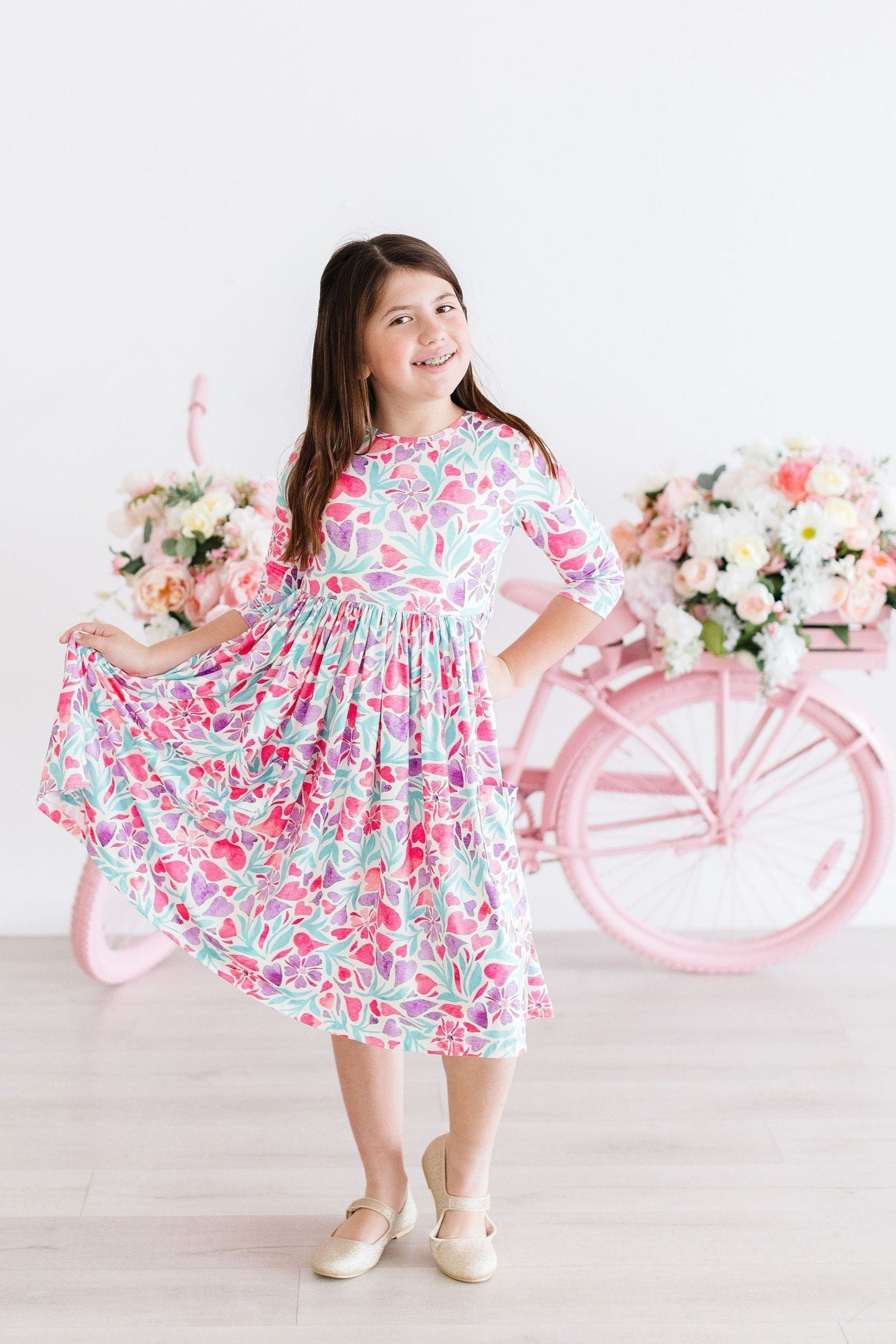 Watercolor Hearts Three Quarter Sleeve Pocket Twirl Dress Mila & Rose ® Everetts Place: Online Boutique