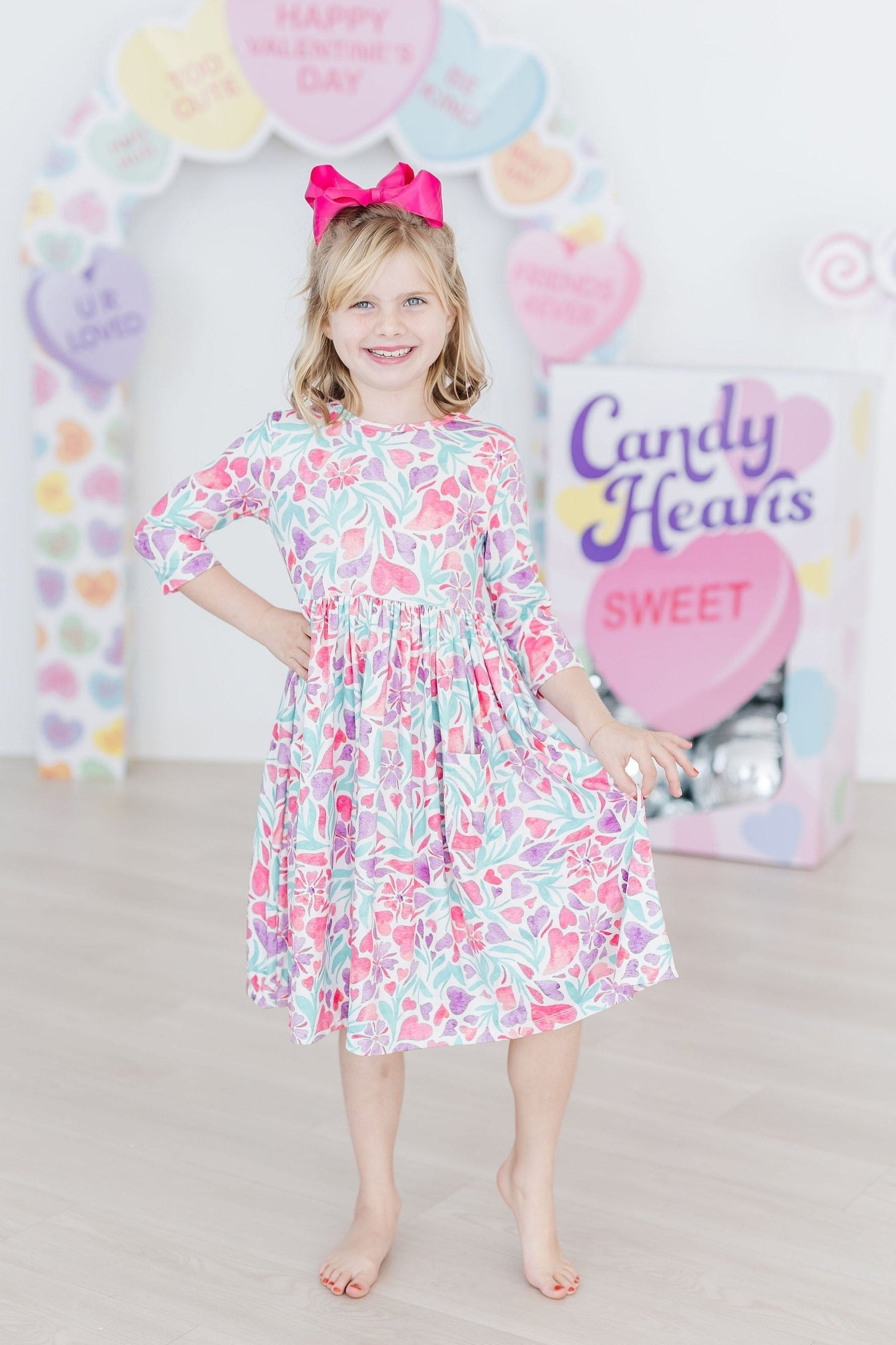 Watercolor Hearts Three Quarter Sleeve Pocket Twirl Dress Mila & Rose ® Everetts Place: Online Boutique