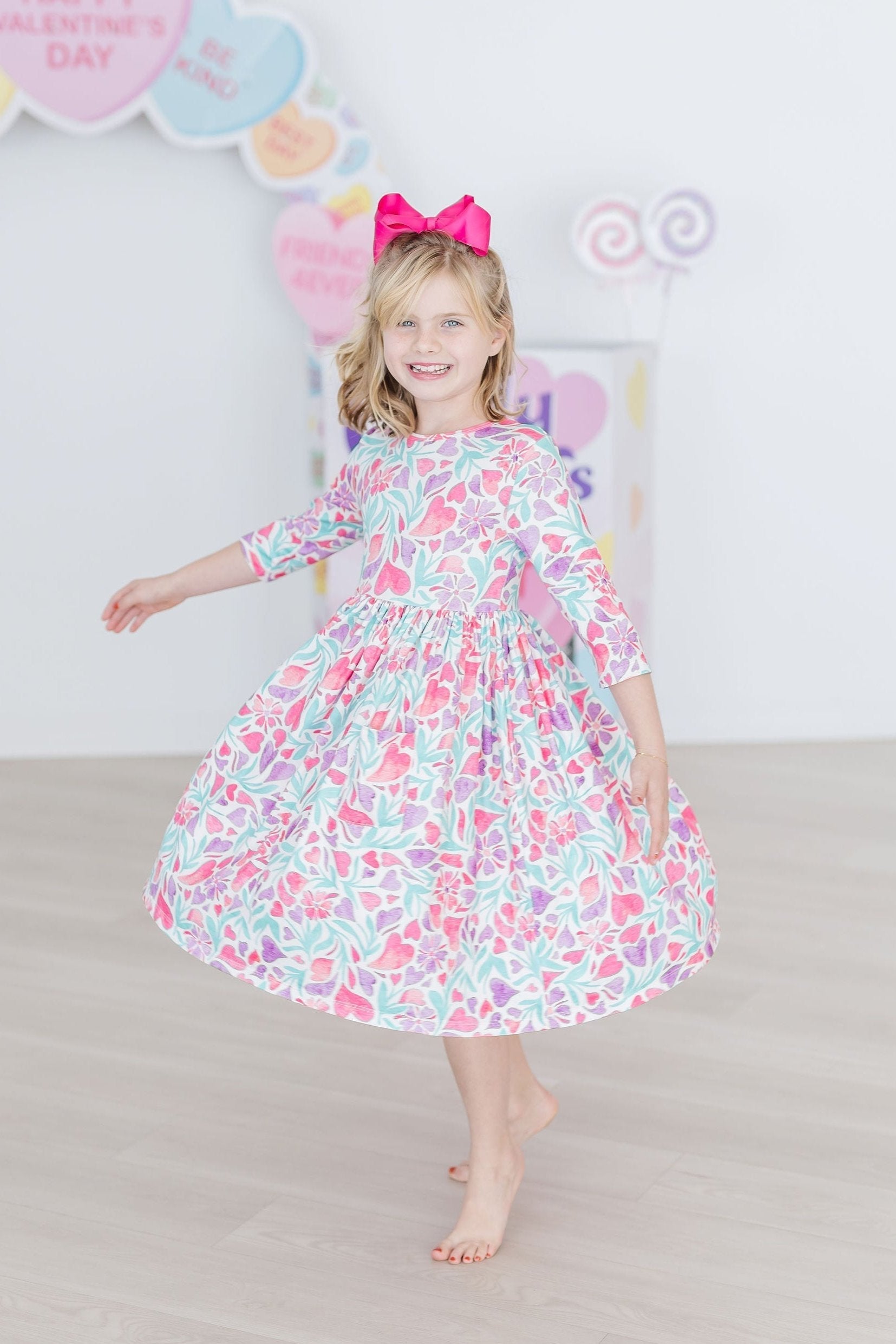 Watercolor Hearts Three Quarter Sleeve Pocket Twirl Dress Mila & Rose ® Everetts Place: Online Boutique