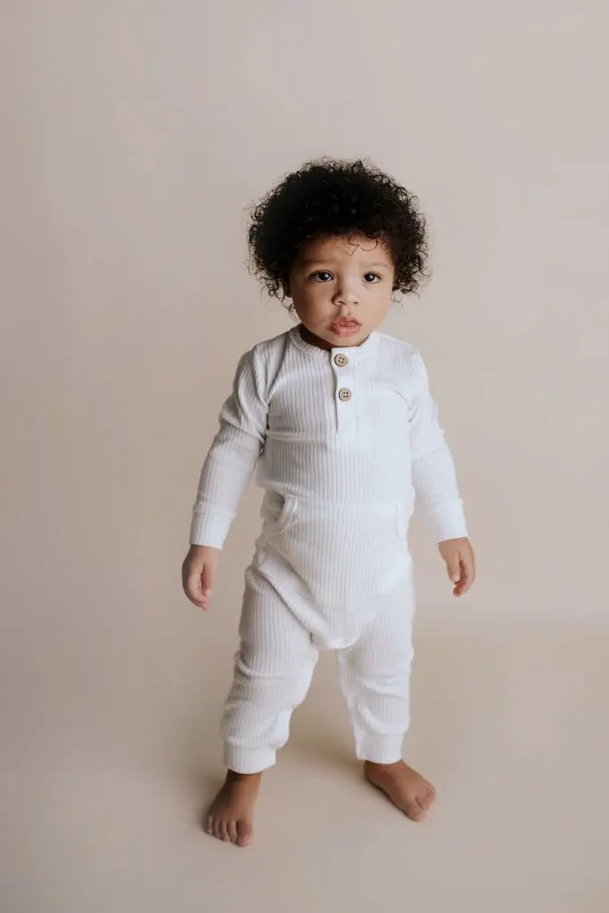 Three Little Tots White Baby Ribbed Playsuit with pockets - 